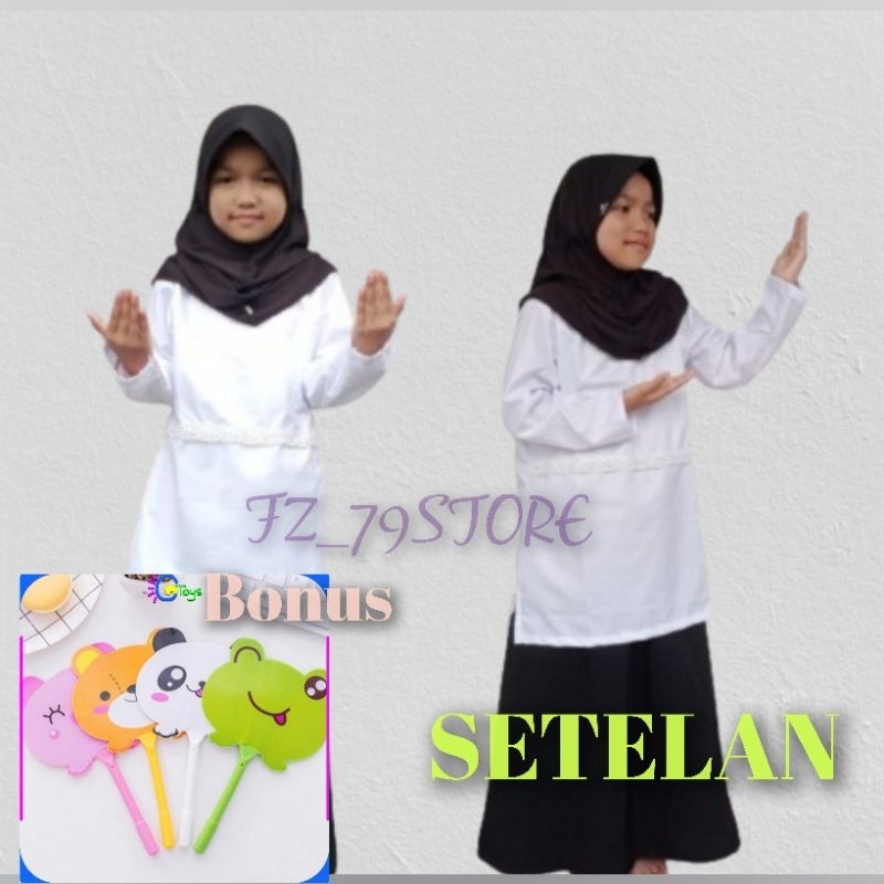 Setelan baju busana muslim hitam putih anak perempuan SD/TPA( free pena kipas karakter)