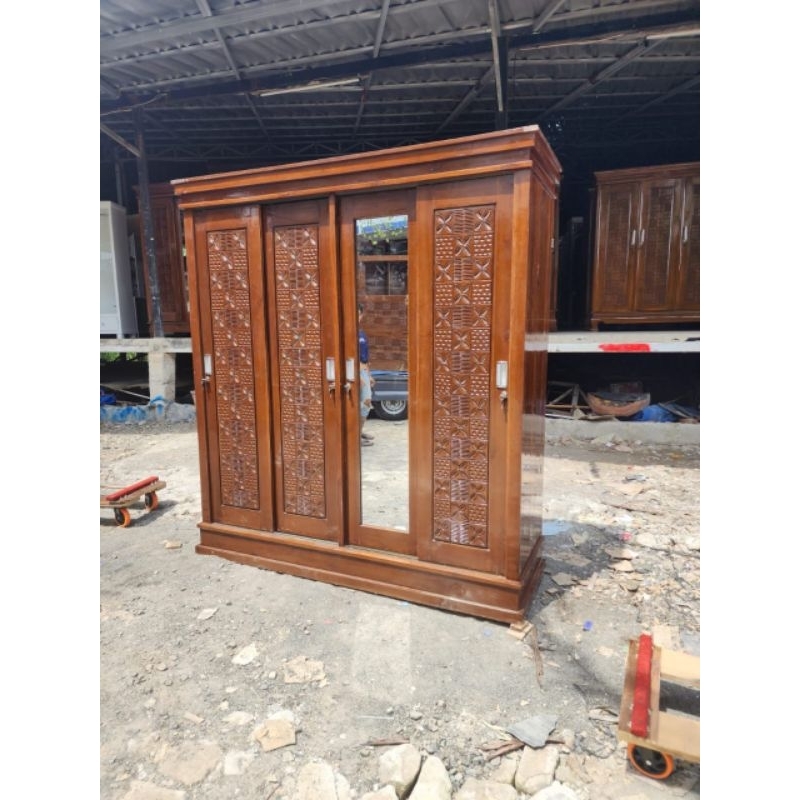 knockdown lemari pakaian 4 pintu sliding jati( bongkar pasang)