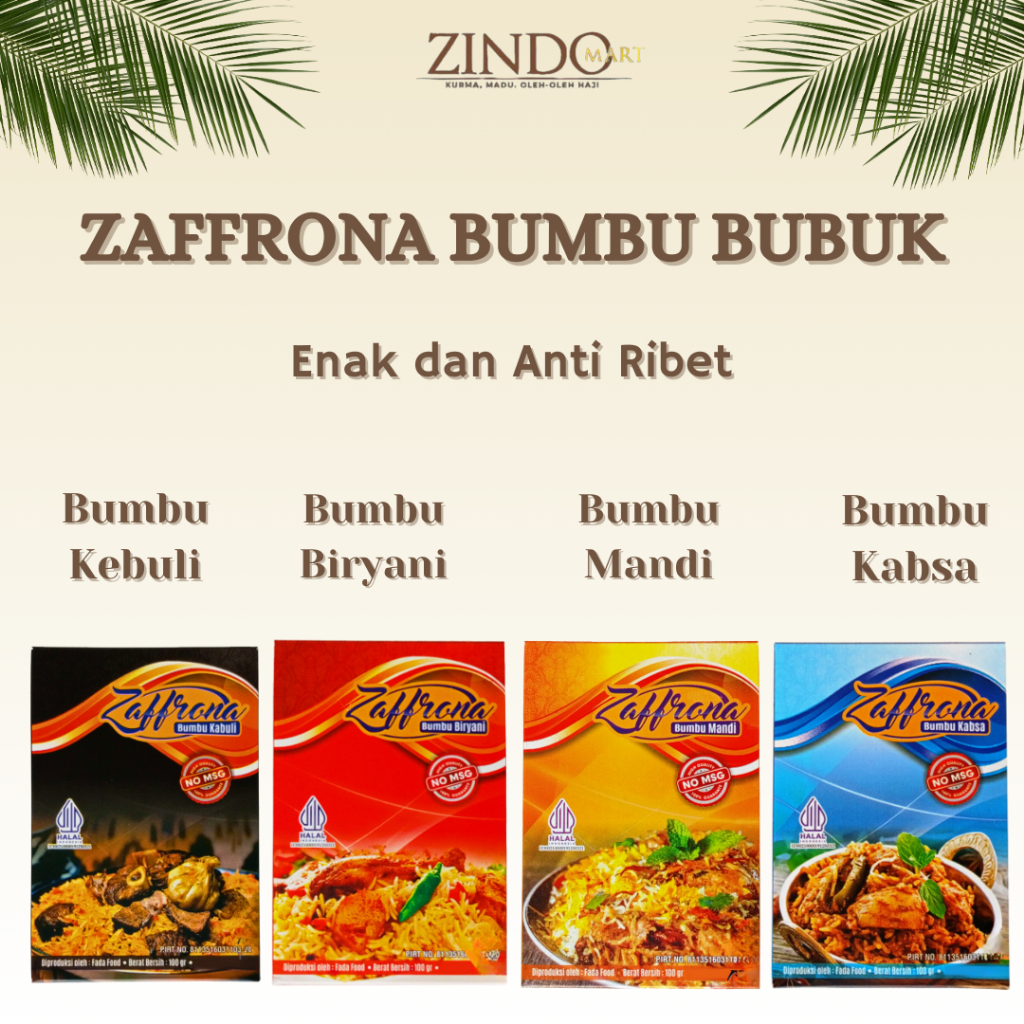 

ZAFFRONA BUMBU BUBUK 100GR INSTANS MASAK NASI KEBULI, BIRYANI, MANDI, KABSA PRAKTIS TANPA MSG BERKUALITAS