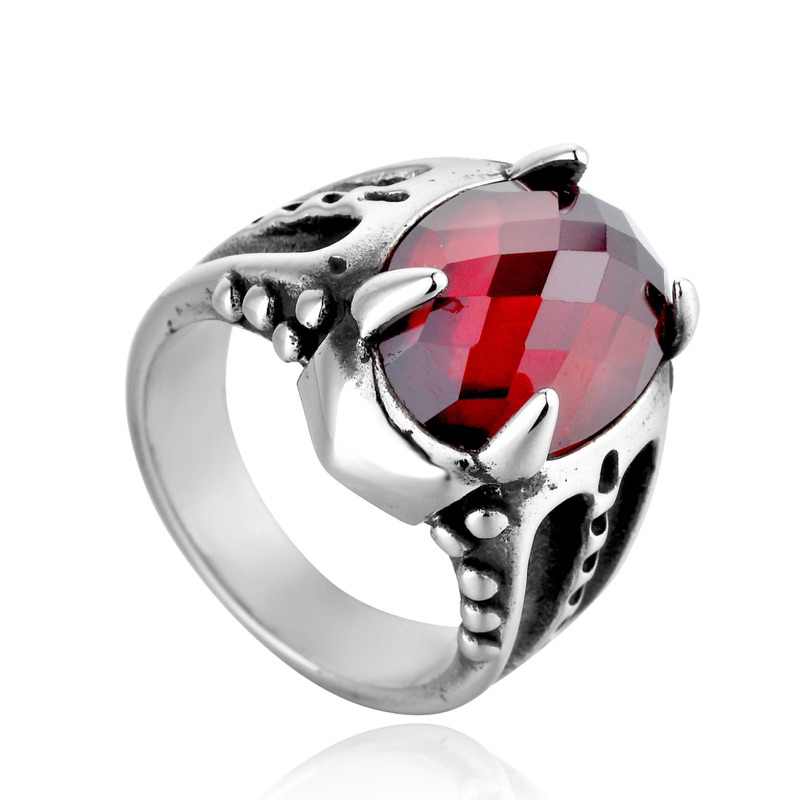 Cincin Pria Keren Titanium Cakar Naga Batu Dark Ruby Red Garnet Black Mamba Custom Cut