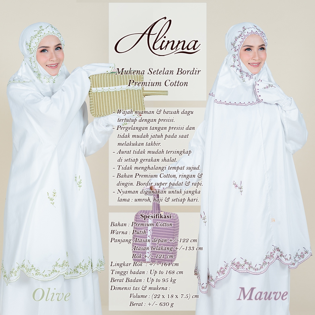 Mukena Alinna Setelan Potong Atas Bawah Berlengan Tangan Katun Premium Bordir Umrah Haji Ihram