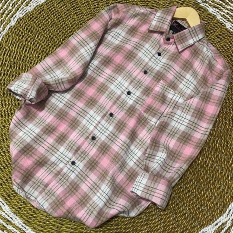 kemeja flanel pria wanita pink lengan panjang terlaris