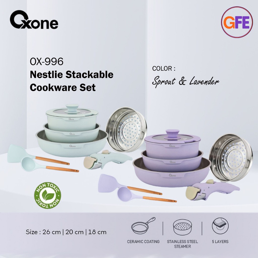 Oxone Nestlie Stackable Cookware with Detachable Handle Panci Set Susun Keramik Anti Lengket OX-996