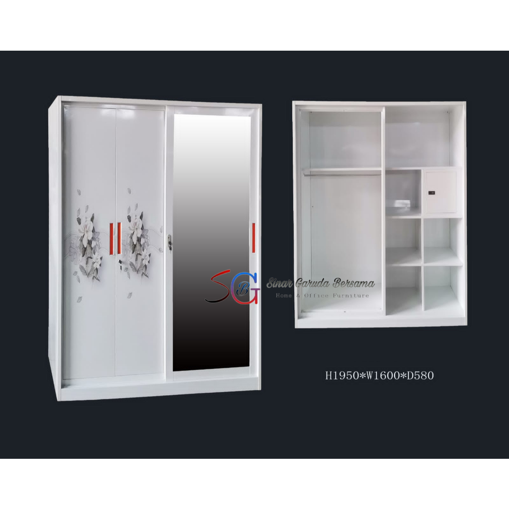 [ PLAT BESI ] LEMARI PAKAIAN SLIDING 3 PINTU MOTIF DUA BUNGA KACA PANJANG + RAK + GANTUNGAN BAJU + R