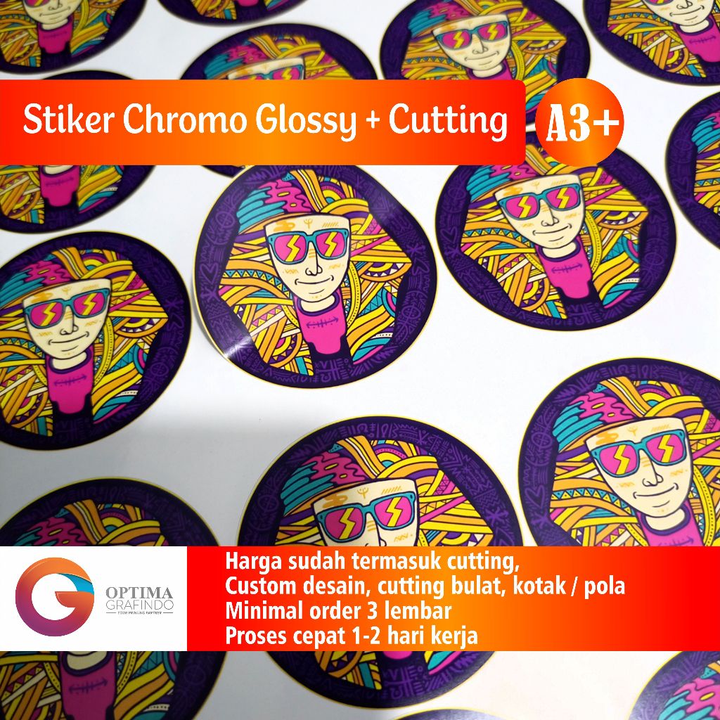 

Cetak Stiker A3+ Custom Stiker Chromo plus Laminating Glossy/Doff untuk Label produk makanan minuman,cutting stike r