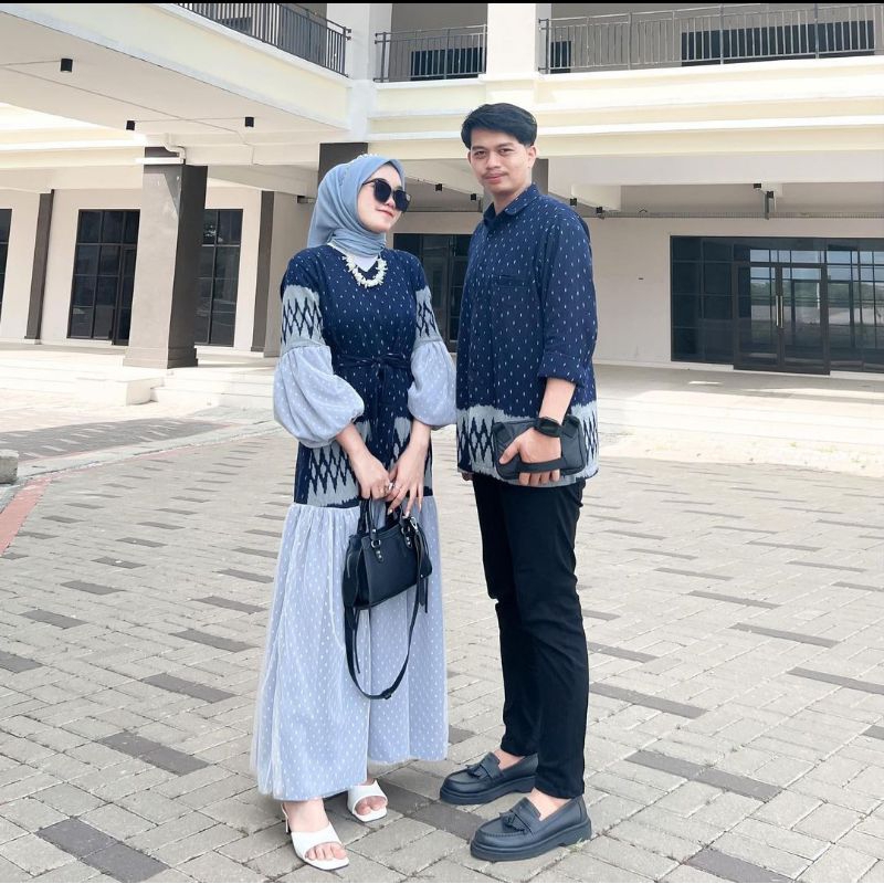 Motive, Set Couple Baju Tenun Pria Wanita Warna Navy - Kemeja Tenun Pria - Gamis Tenun Kombinasi Til