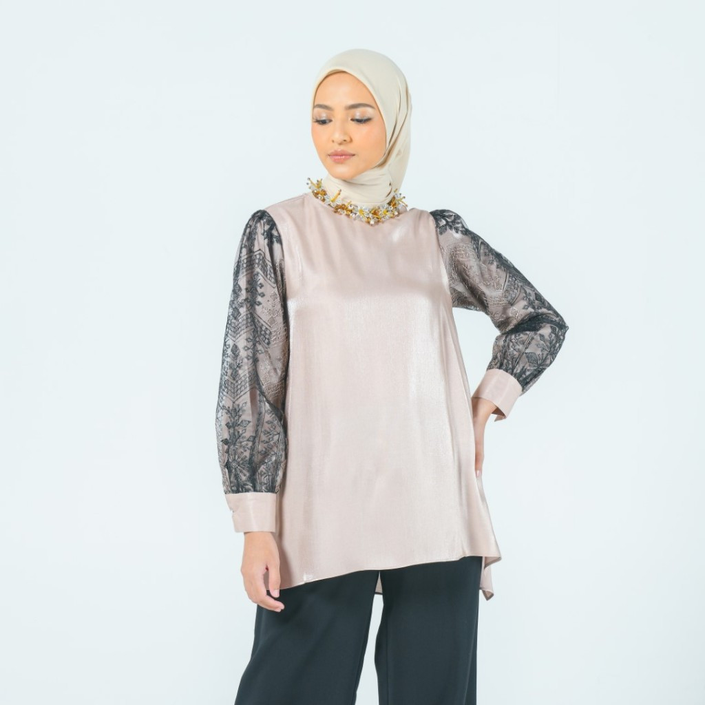 ZOYA Hestia Blouse Brown - Fashion Muslim Baju Atasan Wanita Tunic Polos Bahan Premium Poly Kombinas