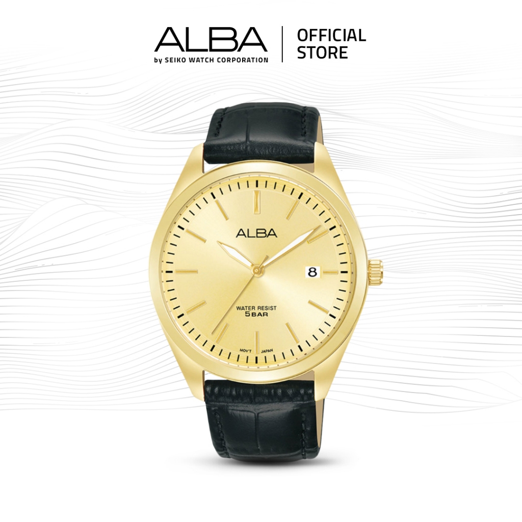 Alba Prestige Jam Tangan Pria AS9S24 / AS9S24X1 Quartz Gold Dial Black Genuine Leather Strap Watch