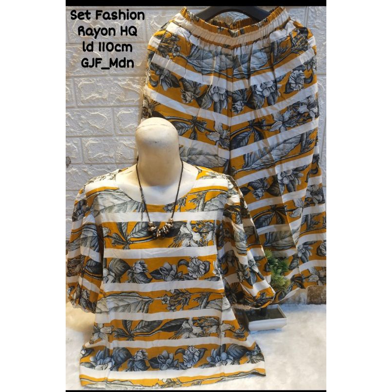 Set stelan FashionBahan Rayon  HQLd 110cm Lengan Balon Celana ada sakuPinggang Karet