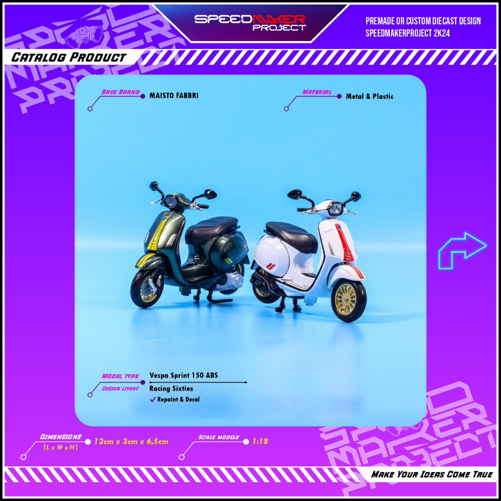 Maisto Fabbri Custom Vespa Sprint 150 ABS Racing Sixties Diecast Miniatur Motor Scooter Bike 1:18