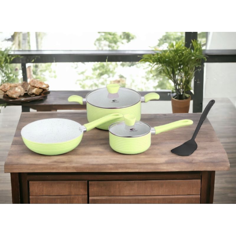Set Panci Ulir merek VICENZA V833 warna Hijau (Green), Panci besar 24cm, panci sedang 16,5cm, tutup 