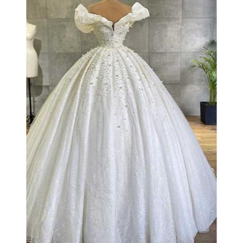 White Ball Gown Bridal Dress, White Wedding Dress, Custom Wedding Dress, Beaded Wedding Dress, Moder
