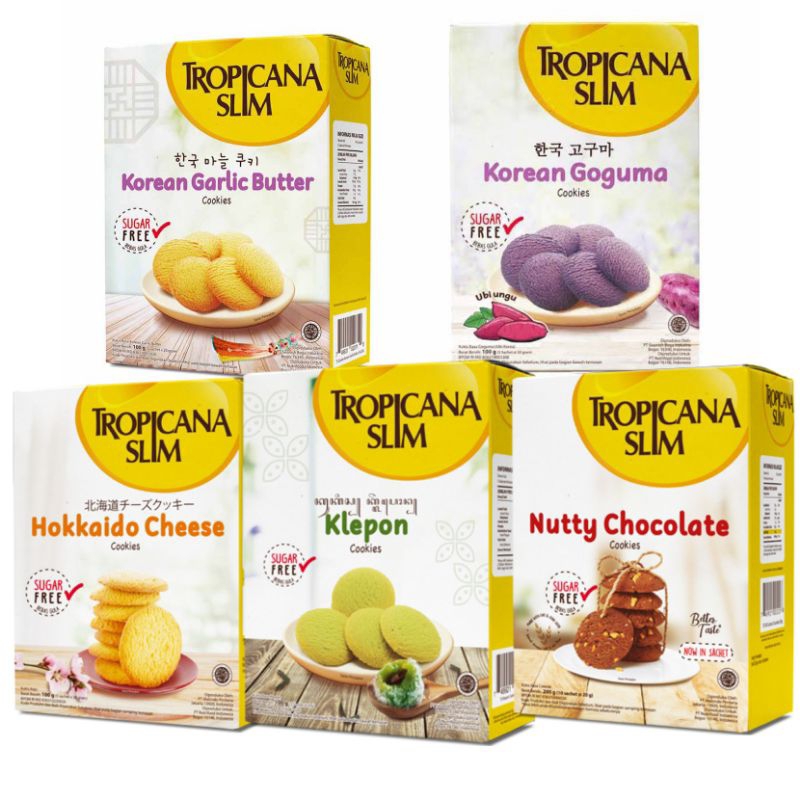 

Tropicana Slim Cookies Sugar Free Korean Goguma Garlic Butter Klepon Hokkaido Cheese Nutty Chocolate