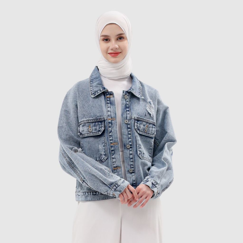 Myself Jaket Crop Jeans Ripped Denim Sobek Wanita Oversize Ruby