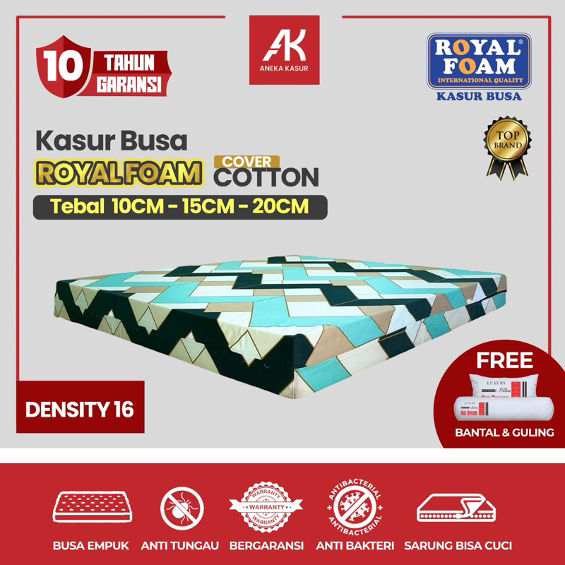 Kasur Busa ROYAL FOAM (SEMUA UKURAN) Cover Katun| GARANSI 10 TAHUN DENSITY 16 | Tebal 10CM-15CM-20CM