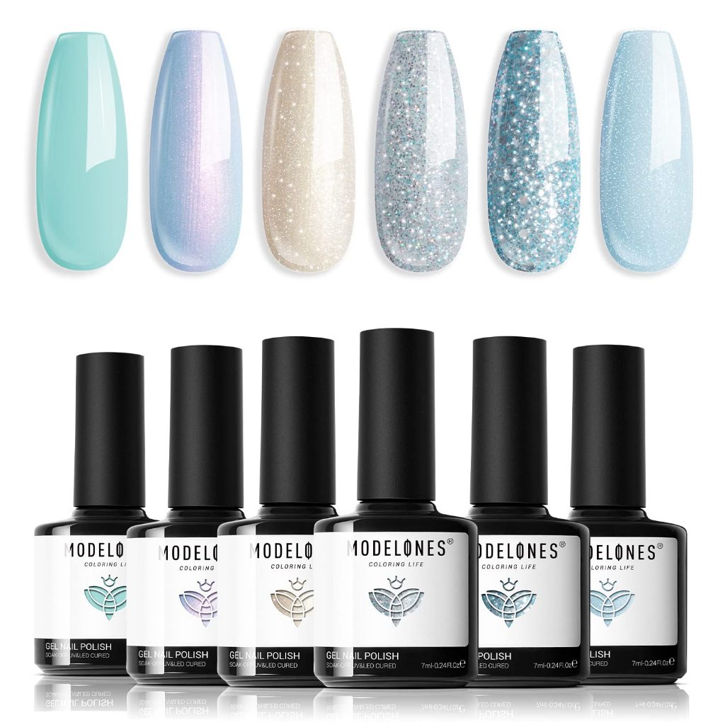 MODELONES Gel Nail Polish Set, Mermaid 6 Pcs Blue Silver Glitter Gel Nail Mint Green Shimmer Nail Po