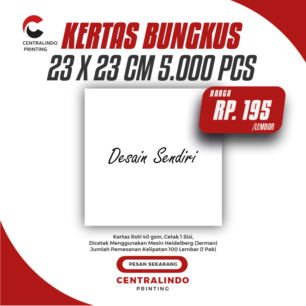 

Kertas Roti Custom 1 Warna – Alas Kue, Alas Gorengan, Cetak Logo UMKM – 30x30 / 25x25 / 23x23 / 30x20 / 25x15 / 22x22 cm