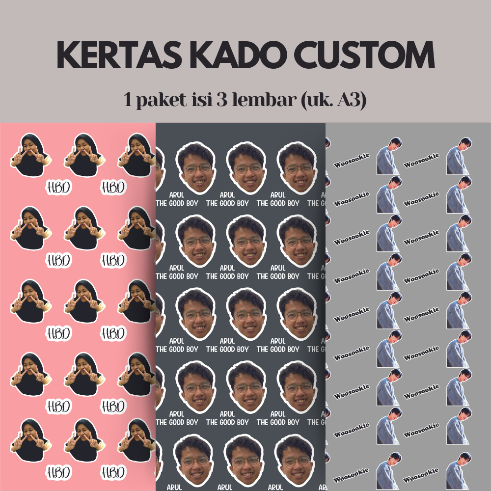 

KERTAS KADO CUSTOM (3 lembar A3+) pakai foto sendiri/idol bias kpop bts/orang spesial