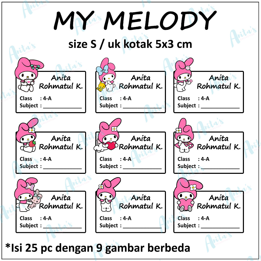 

25pc STIKER NAMA BUKU PELAJARAN ANAK SEKOLAH tema MY MELODY | size S / 5x3 cm | CUSTOM