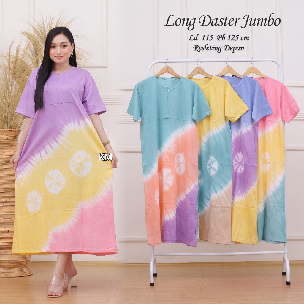 Daster Kaos Jumbo Wanita Panjang Motif Pelangi Resleting Depan Busui Terbaru