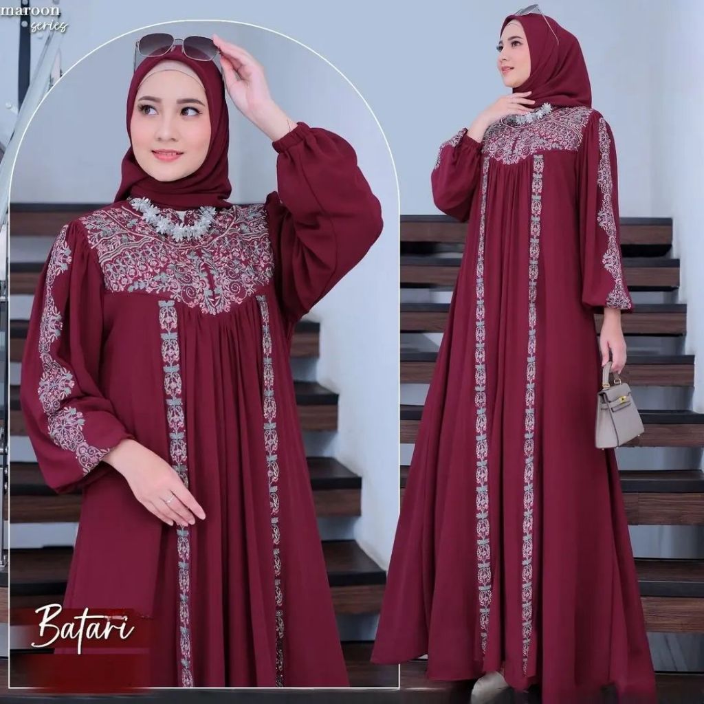 batari dress gamis maroon premium gamis merah maroon gaun pesta mewah elegan dress maroon kondangan
