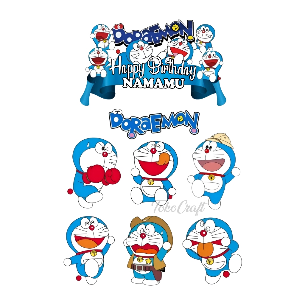 TOPPER CAKE DORAEMON HIASAN KUE ULANG TAHUN CUSTOM NAMA HAPPY BIRTHDAY