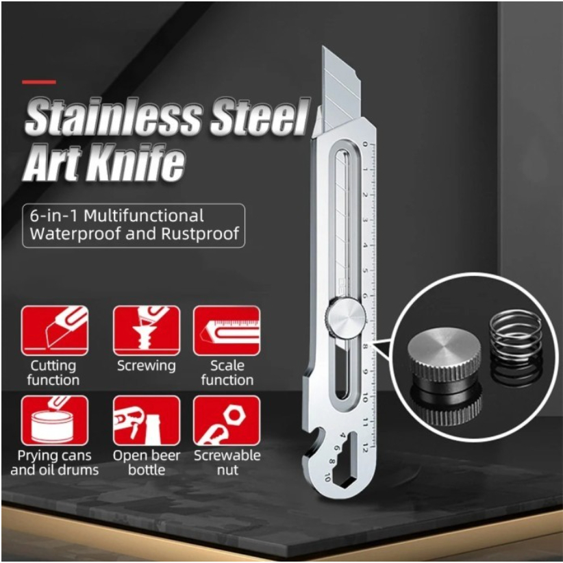 

Cutter Pisau 18mm Tajam Multifungsi 6 in1 Baja Besi Stainless Besar Knife Bisa Buat Penutup Botol Penggaris