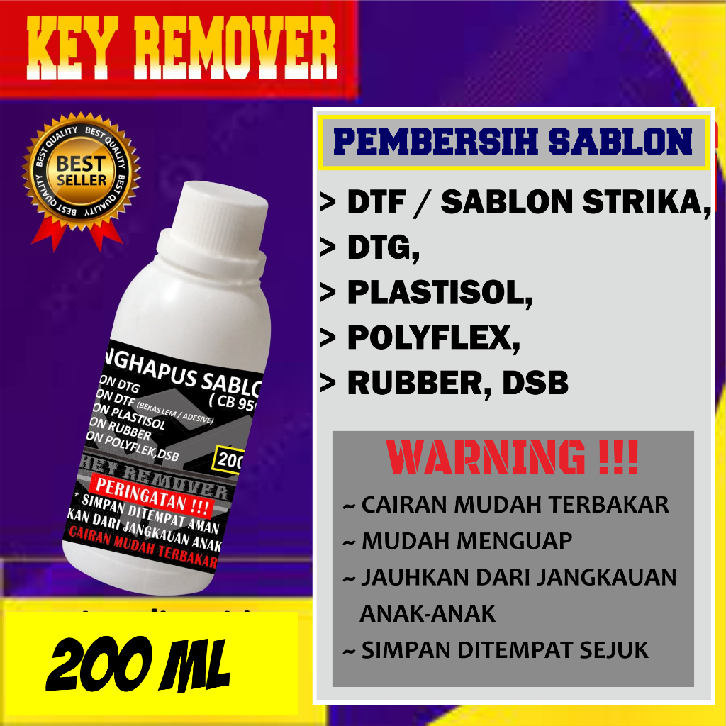 

(200ml) KEY REMOVER / CAIRAN PEMBERSIH SABLON / CAIRAN PENGHAPUS SABLON / CLEANER PENGHAPUS SABLON BISA UNTUK MENGHAPUS SEPULUH DESAIN A3 / CAIRAN PENGHAPUS SABLON DTF REMOVER / RUBBER REMOVER / PLASTISOL REMOVER / POLYFLEX REMOVER /DSB