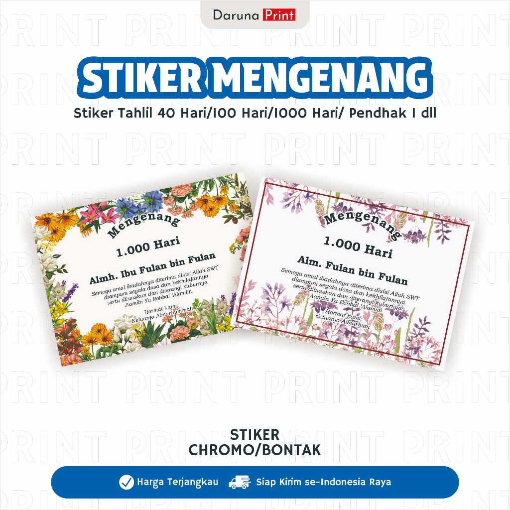 

Cetak Stiker Bontax Mengenang / Belasungkawa / Pengajian / Tahlil / Stiker Box A6 A7