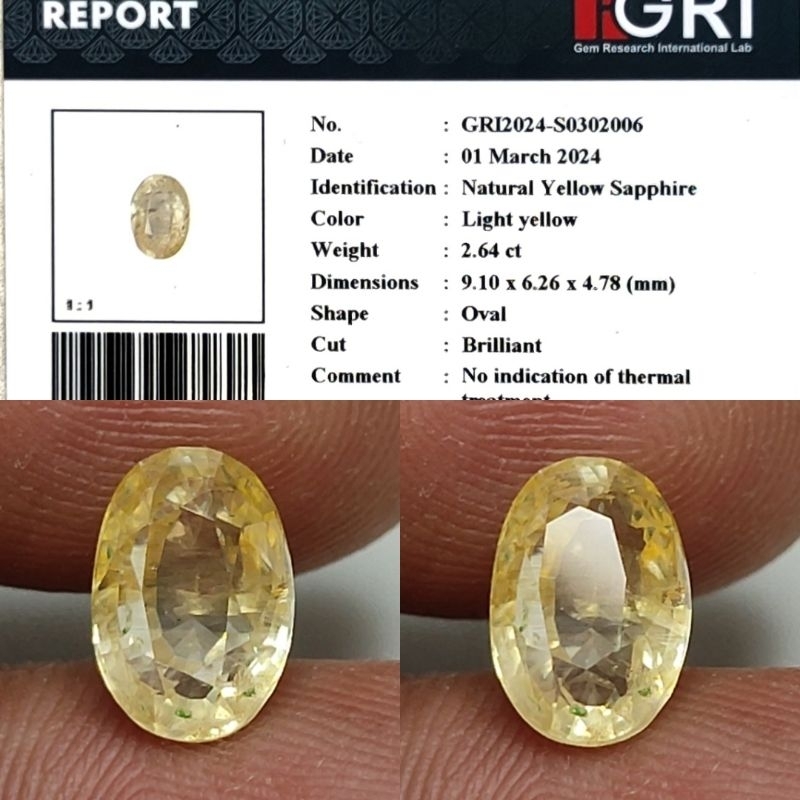 Natural Yellow Sapphire Srilanka No Heated 2.6ct Memo GRI Crystall Full Luster Nice Color