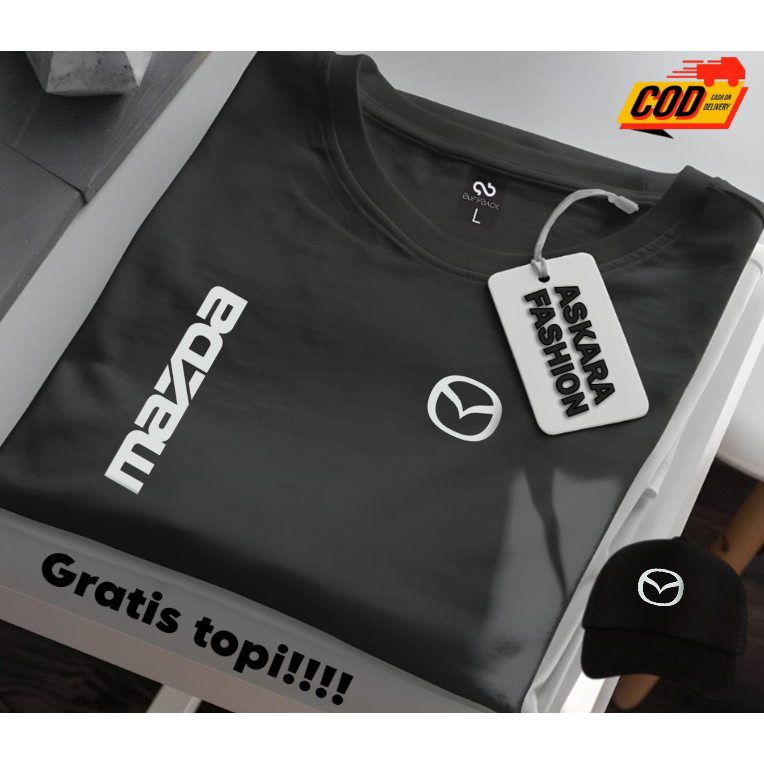 gratis topi  Baju Kaos Distro mazda Keren Text putih Premium Quality Kaos Cotton Combed 30s Lengan P