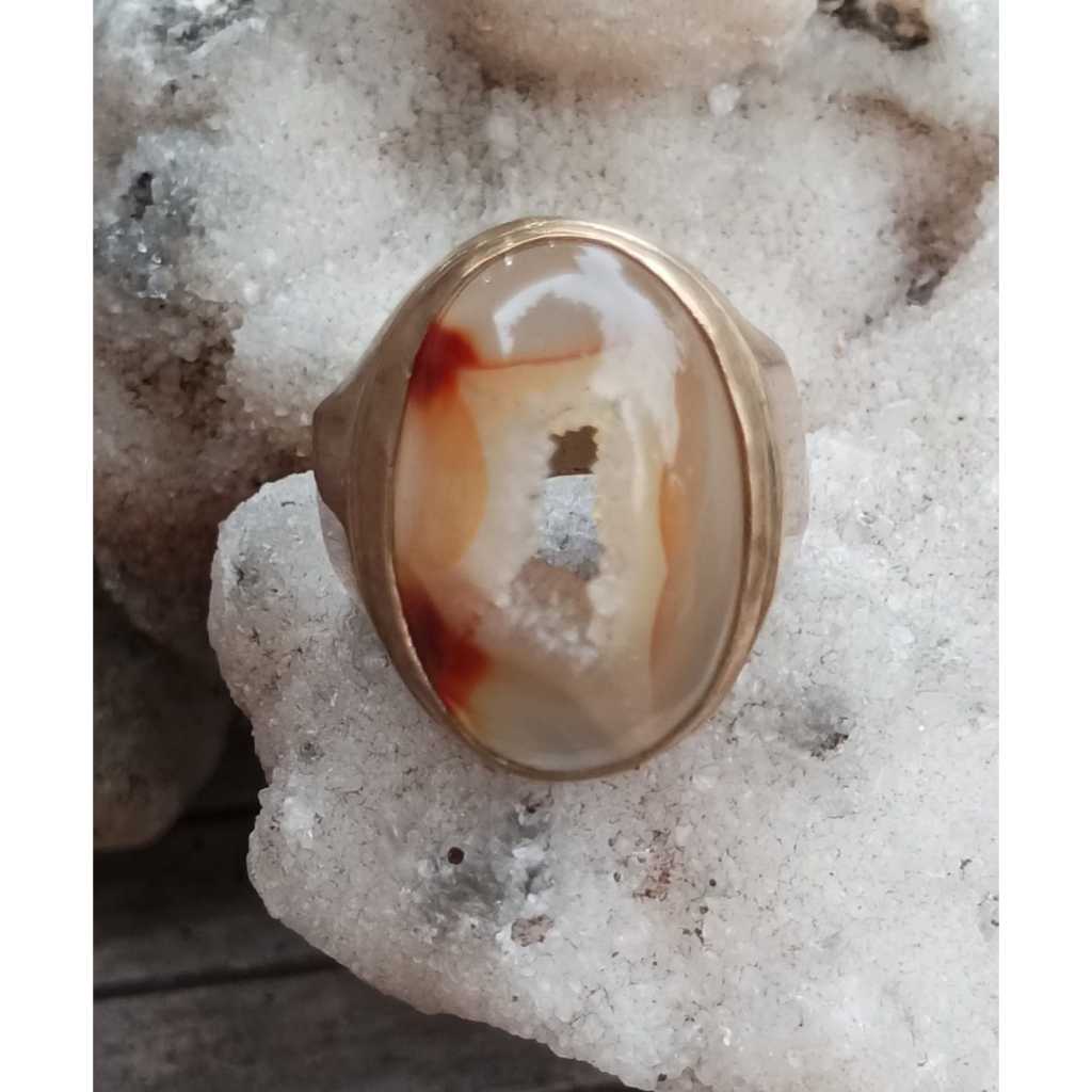 Natural Kalsedon Combong Unik Ring Koin Gold Handmade