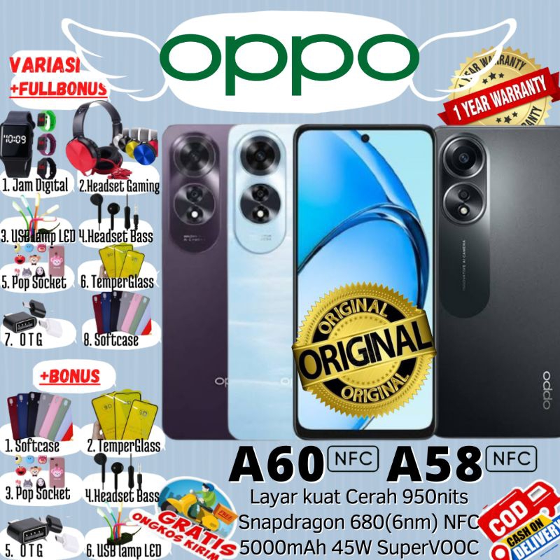 OPPO A60 | A58 NFC BARU Ram 8/128GB - 8/256GB Memory - 50MP AI CAMERA 100% ORI GARANSI RESMI