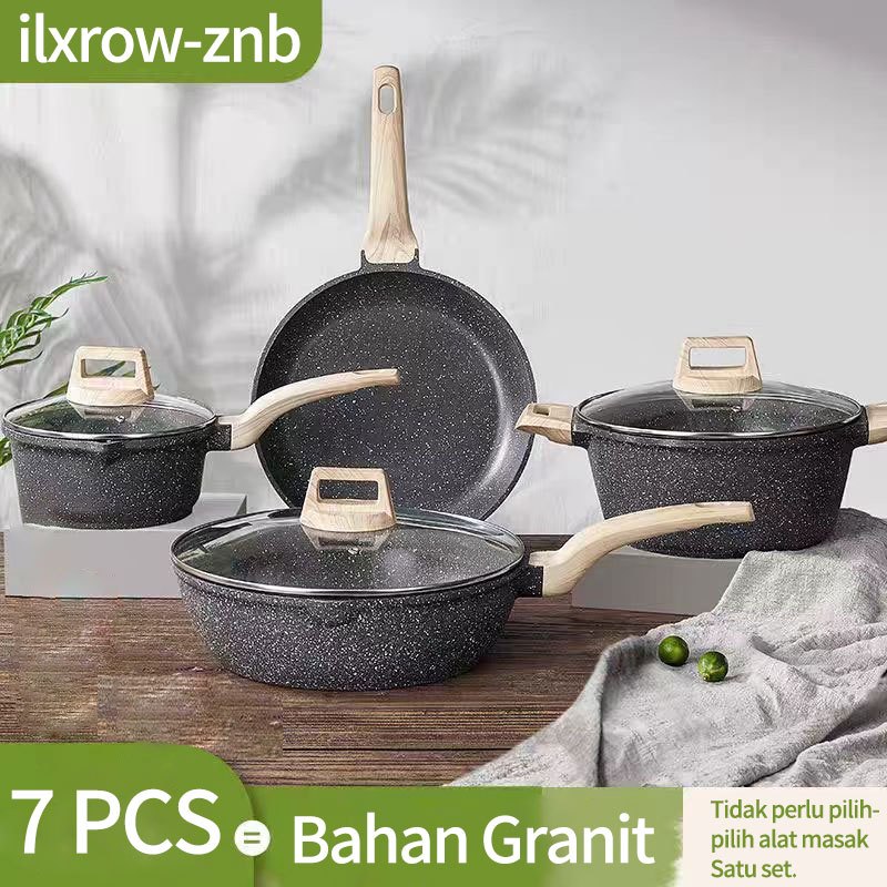 7 PCS Panci Set Peralatan Masak Anti Lengket Kuali Batu Granit/Set Dapur untuk Semua Kompor