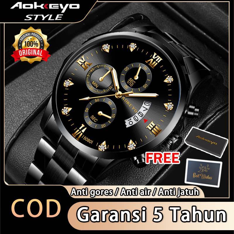 【TERMURAH】AOKEYO 5080 Jam Tangan Pria Anti Air Original Luxury Stainless Steel （Free BOX+Kartu Garansi）
