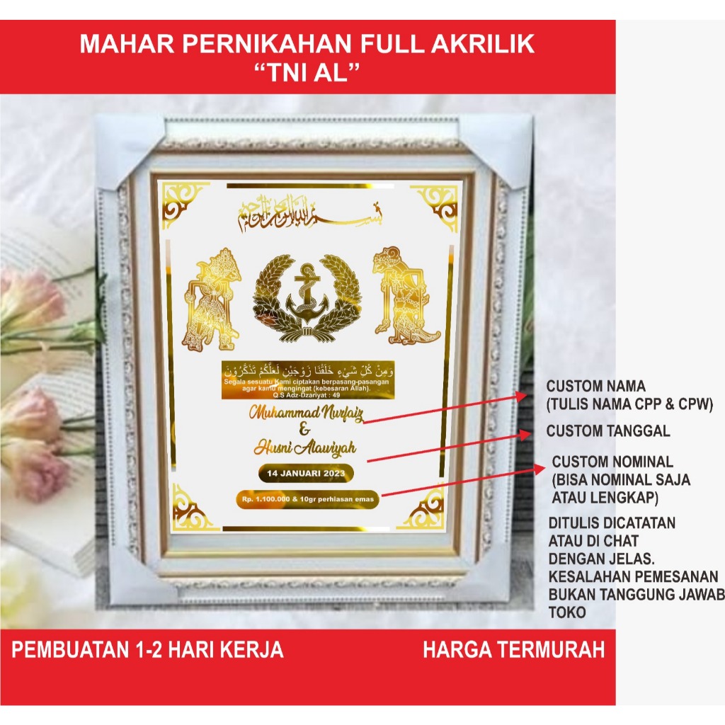 Mahar Pernikahan Full Akrilik Gold TNI AL Rama Shinta /Mahar Nikah TNI AL