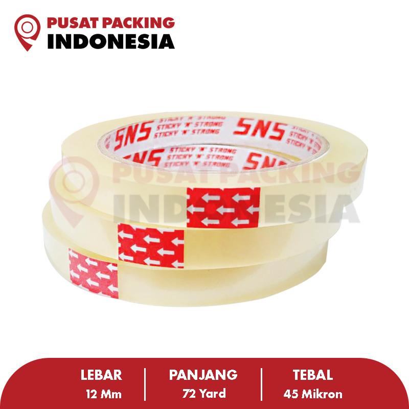 

Isolasi / Solatip Bening 12 Mm x 72 Yard x 45 Mic Sticky N Strong (SNS) PUSAT PACKING INDONESIA