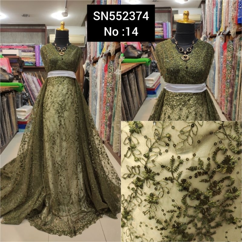 kain Tile Brokat Bunga Kecil Payet Piring SN552374 No:14 Army