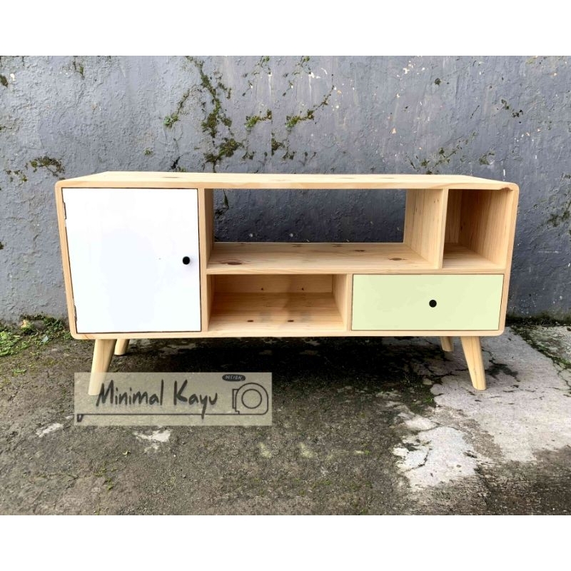 Meja Tv Minimalis Modern Rak TV Full kayu pinus/ Jati Belanda ukuran 130x35x55cm