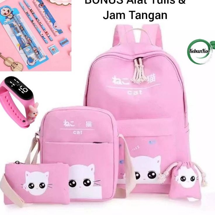 Super Belanja  Tas Sekolah Sekolah Anak Perempuan TK SD Set BABYCAT Bonus Alat Tulis dan Jam Tangan