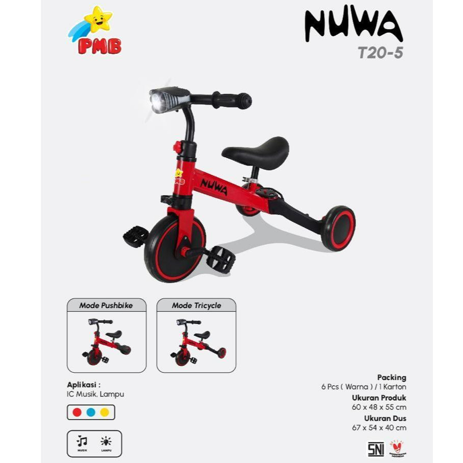 (BANDUNG) Sepeda Anak Roda 3 Push Balance Bike Pedal PMB Nuwa T 20-5 Musik Murah