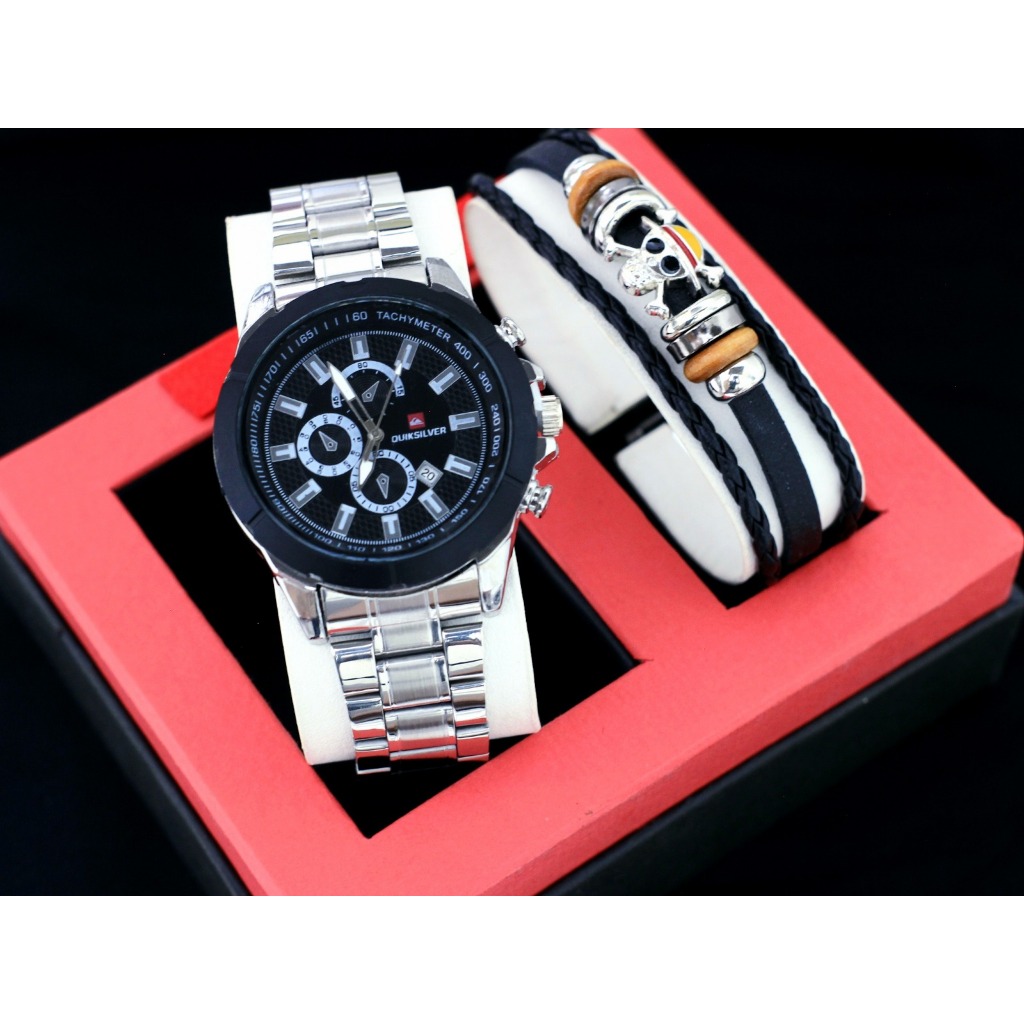 (COD) Jam tangan Terlaris/Jam Tangan Pria Quiksilver rantai plus gelang free box