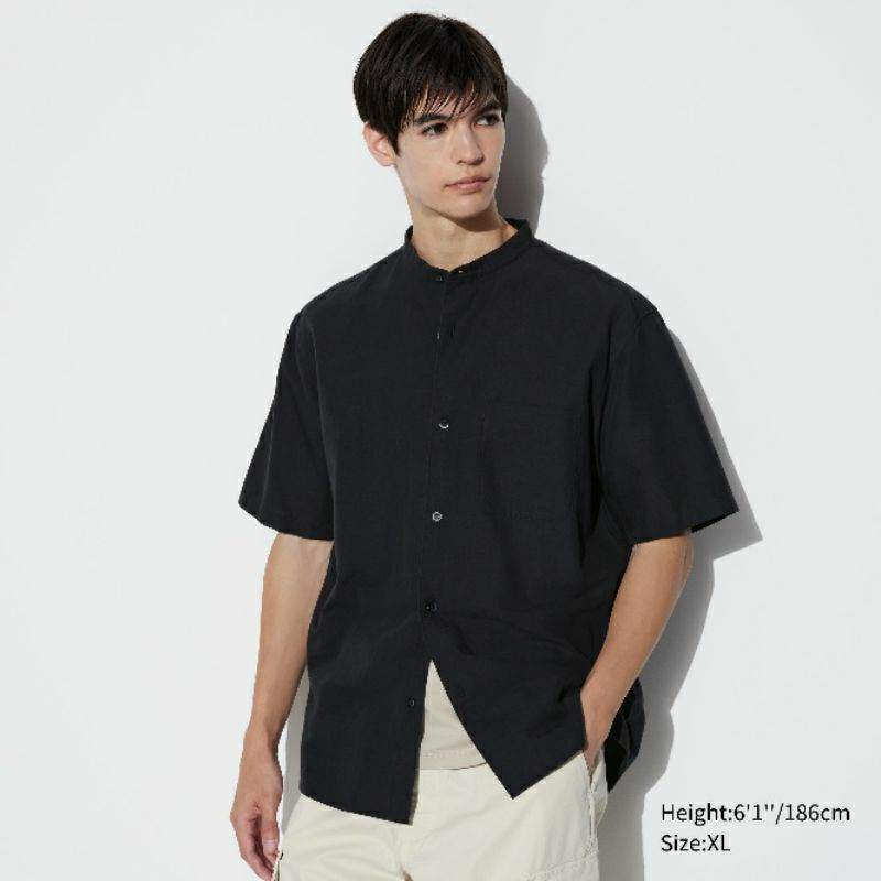 Kemeja Uniqlo Linen katun kerah tegak Original kemeja shanghai lengan pendek