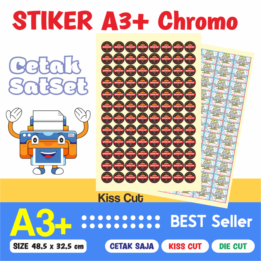 

STIKER A3+ CROMO KISS CUT | CUTTING MURAH / PRINT A3+ STIKER CROMO / STIKER BONTAK / LABEL / KEMASAN