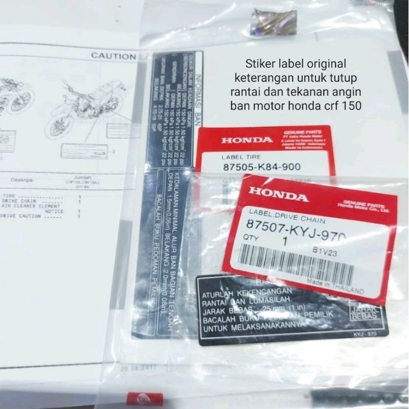 STICKER STIKER LABEL ORIGINAL KETERANGAN UNTUK TUTUP RANTAI DAN TEKANAN ANGIN BAN MOTOR HONDA CRF 15