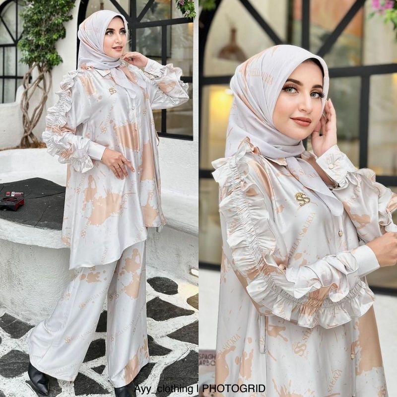 Shellasaukia Oneset Hijab Lengan Kerut Setelan Remaja Wanita Syar'i Original Shellasaukiashop Offici