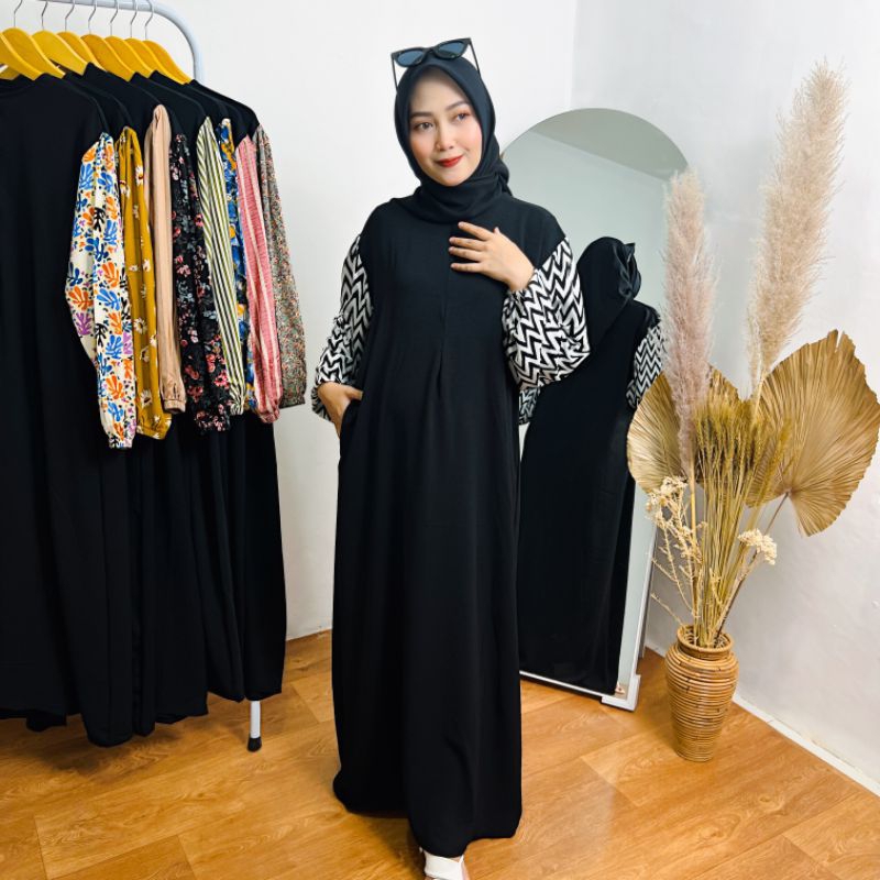Azzura Dress Daster Gamis Lengan Panjang Bahan Kombinasi Crinkle Rayon LD 115 - LD 120 - Shofira