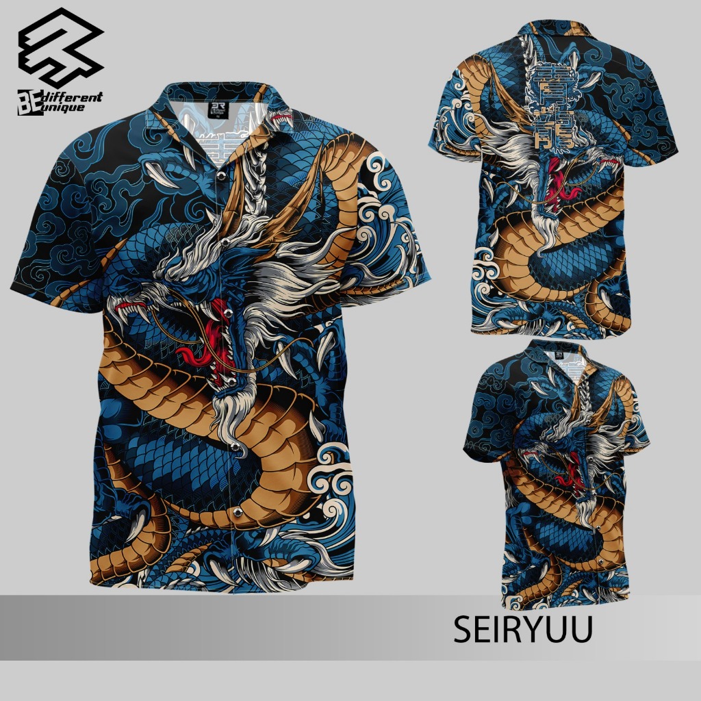 Kemeja Casual Print 3D Pria Wanita Dewasa Anak FullPrint 3R Motif Naga ( Seiryuu )