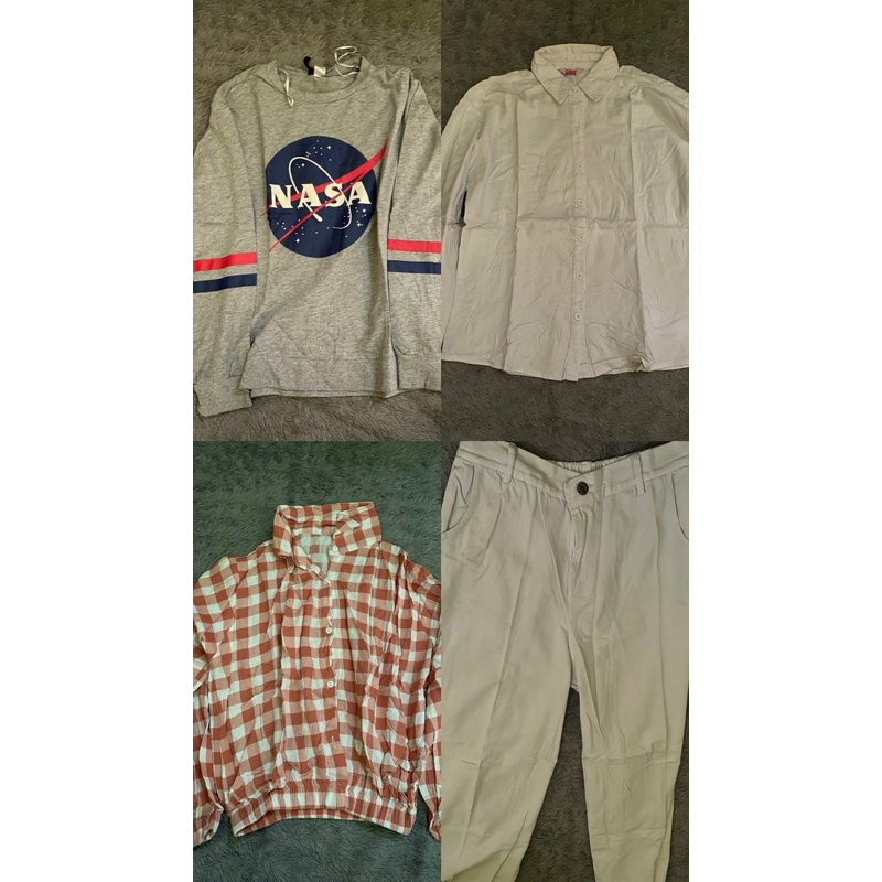 Preloved Kemeja Kotak Kotak, Sweater NASA HnM, Celana Jeans Kulot Putih, Kemeja Putih