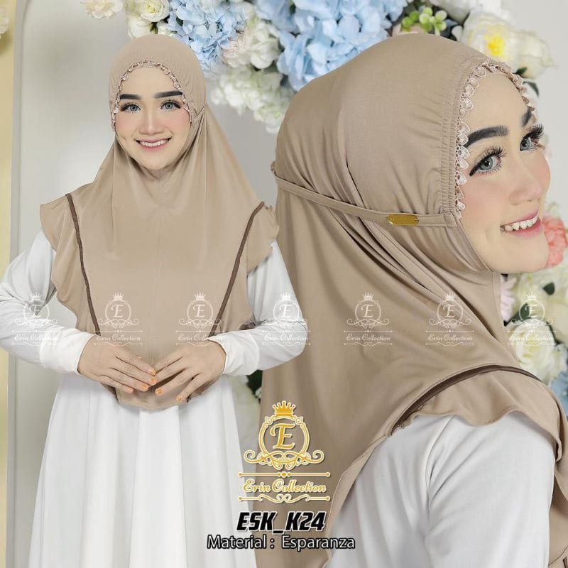 JILBAB INSTAN KERUT MUKA RENDA LIST/HIJAB INSTAN NON PET/BERGO INSTAN ORI BY ERIN COLLECTION ESK_K24